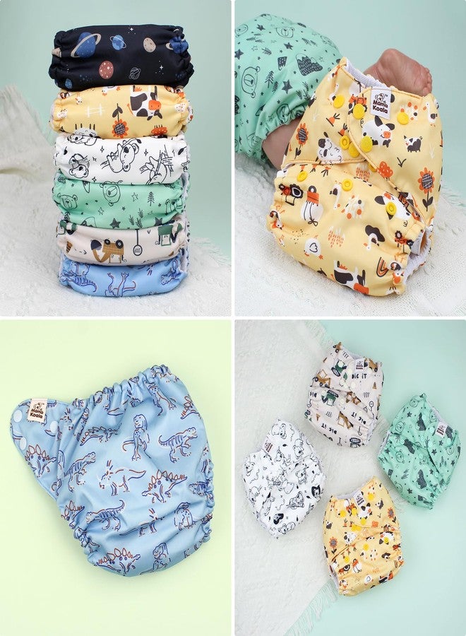 Mama Koala 3.0 Cloth Diapers for Babies with AWJ Lining, 6 Pack with 6 5-Layer Natural Cloth Diaper Inserts - Reusable and Washable Pocket Diapers(A-Dinosaurs and Farm) - Image 3